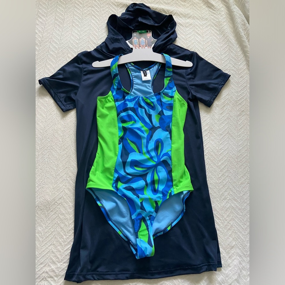 Spyder Swim Girls Swimsuit One piece Set with cover up blue and green